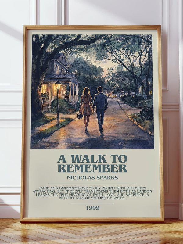 A Walk to Remember bookish print in frame leaning in hallway – mystery wall art