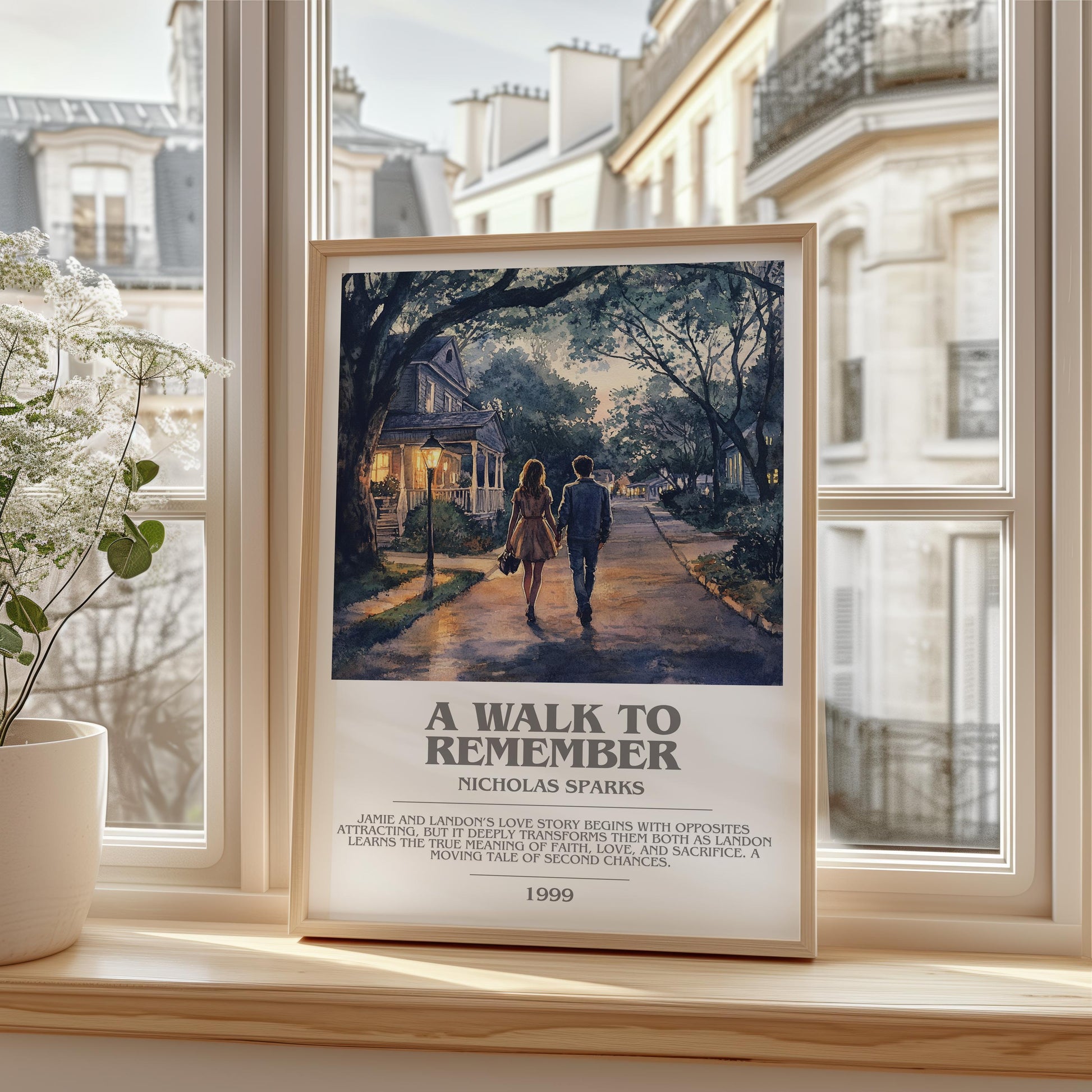 A Walk to Remember bookish print framed by window – literary home decor