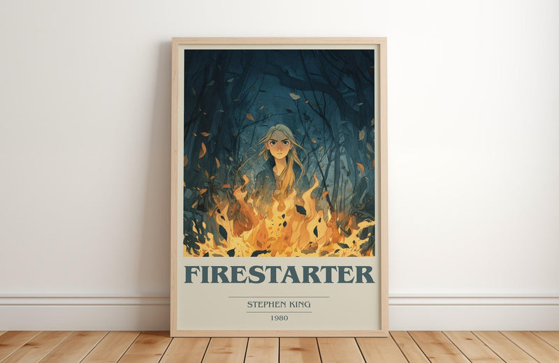 Firestarter book cover print in frame leaning in hallway – horror wall art