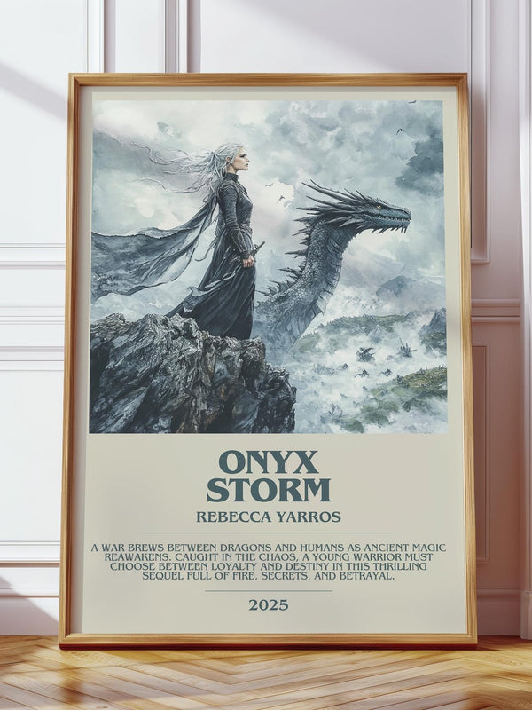 Onyx Storm bookish print in frame leaning in hallway – fantasy wall art
