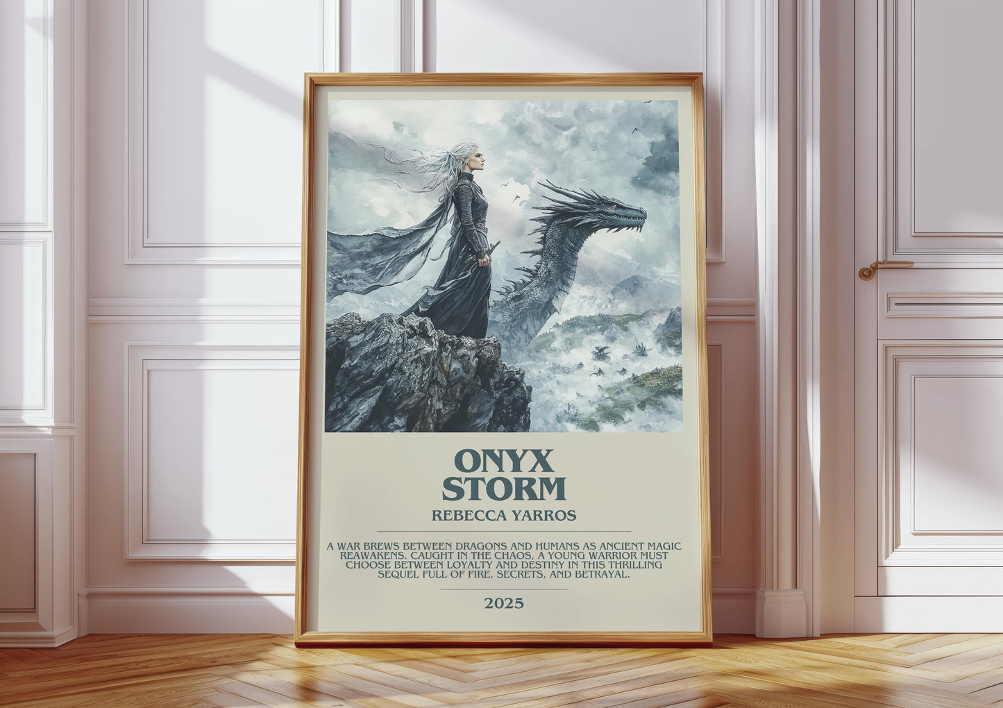 Onyx Storm bookish print in frame leaning in hallway – fantasy wall art