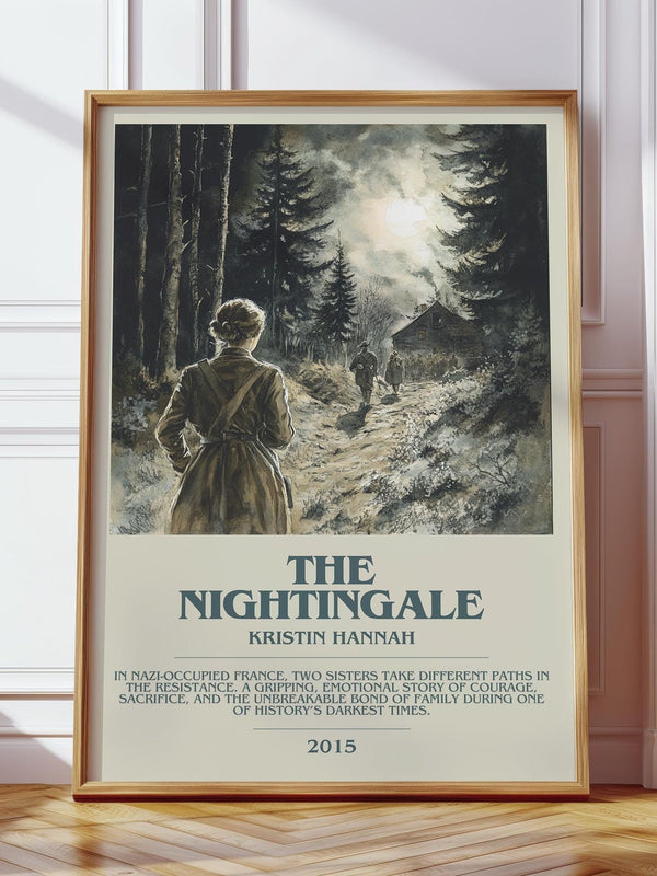 The Nightingale bookish print in frame leaning in hallway – historical fiction wall art