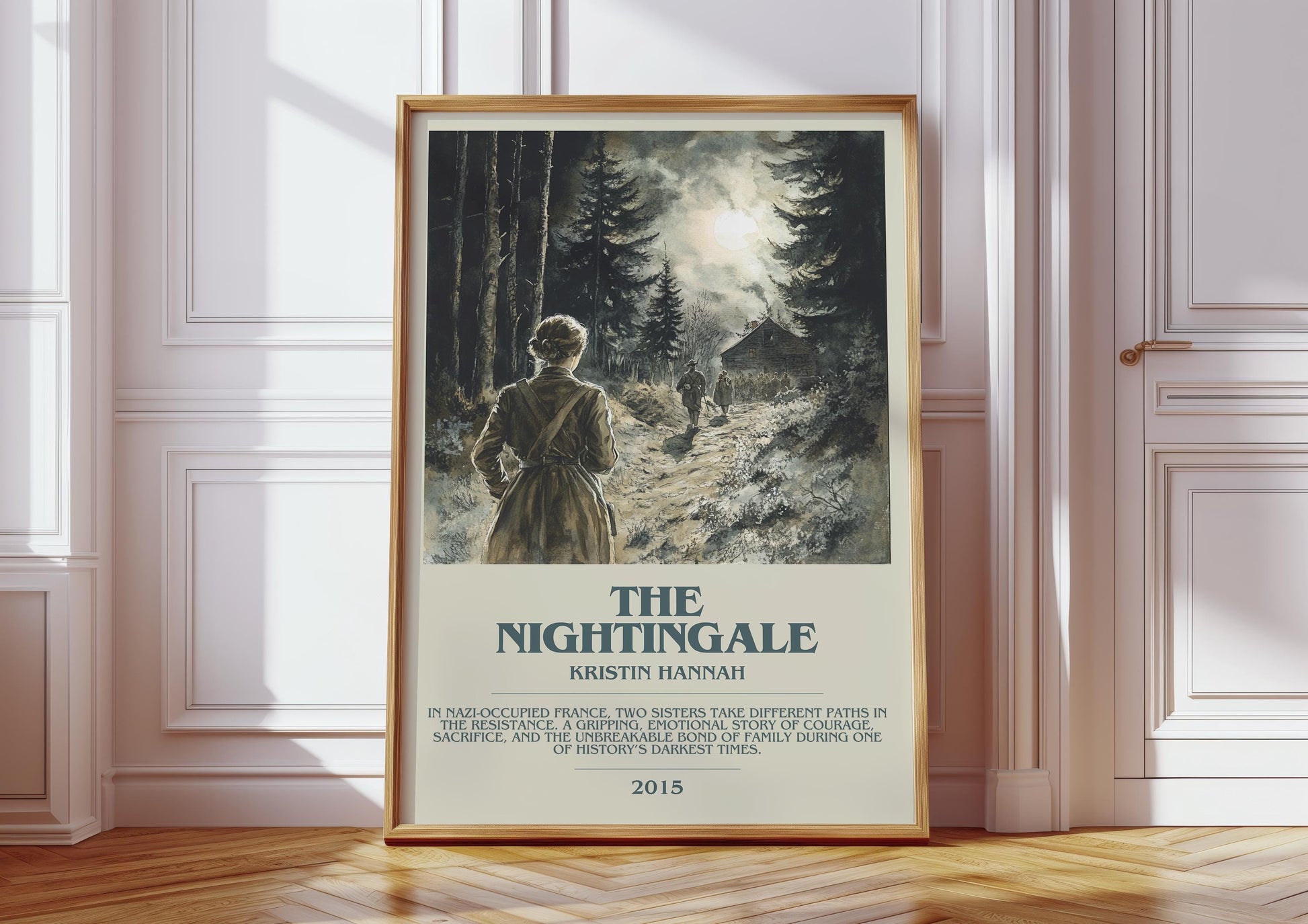 The Nightingale bookish print in frame leaning in hallway – historical fiction wall art