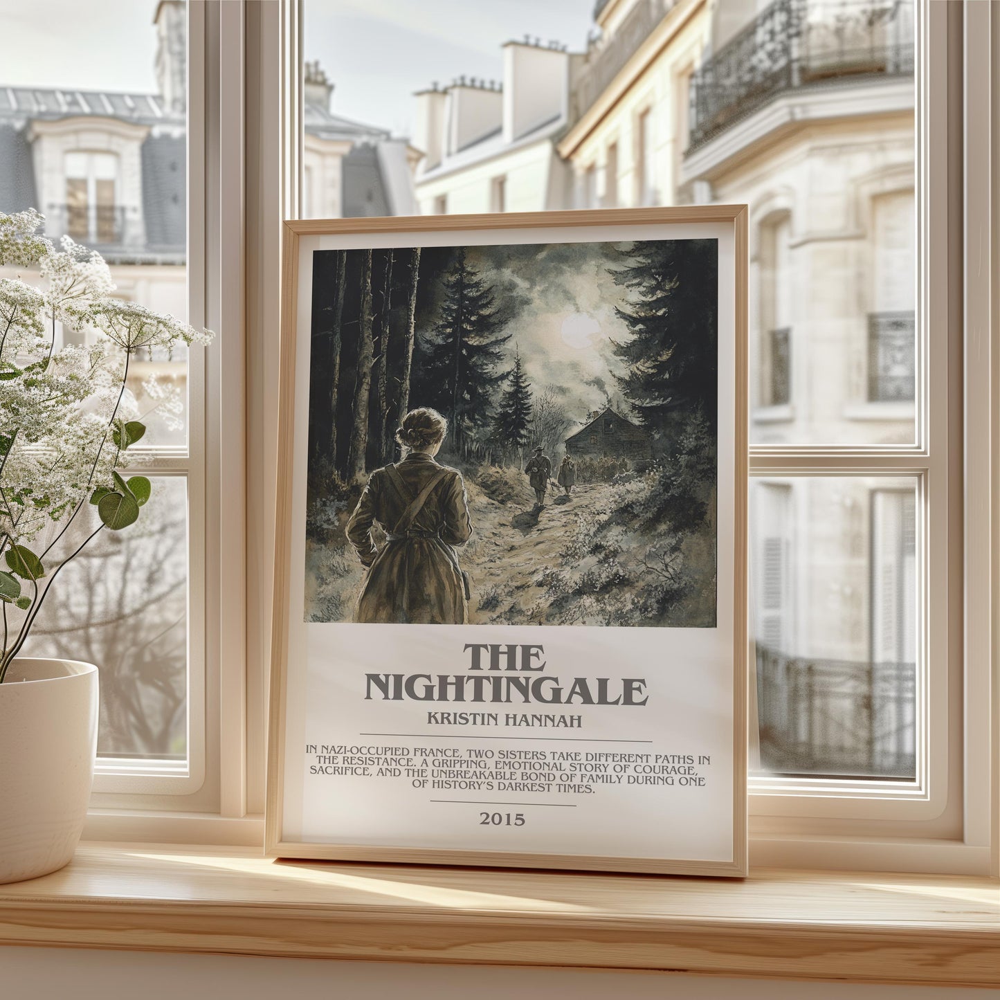 The Nightingale bookish print framed by window – literary home decor
