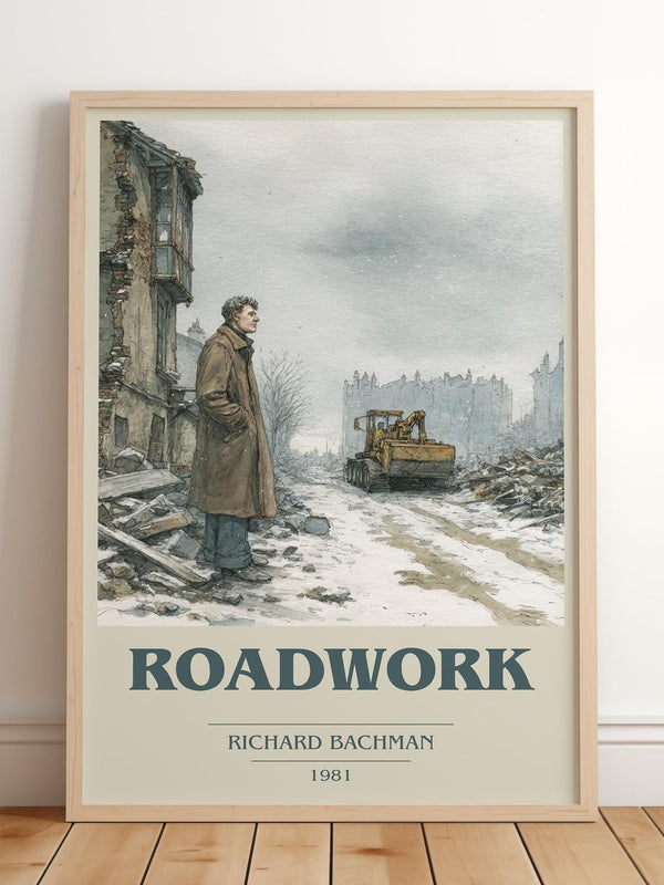 Roadwork book cover print in frame leaning in hallway – thriller wall art