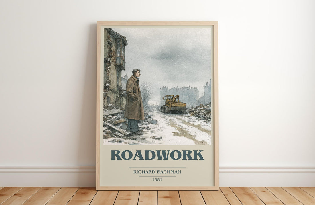 Roadwork book cover print in frame leaning in hallway – thriller wall art (mockup)