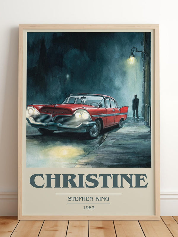 Christine book cover print in frame leaning in hallway – horror wall art