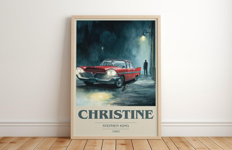 Christine book cover print in frame leaning in hallway – horror wall art