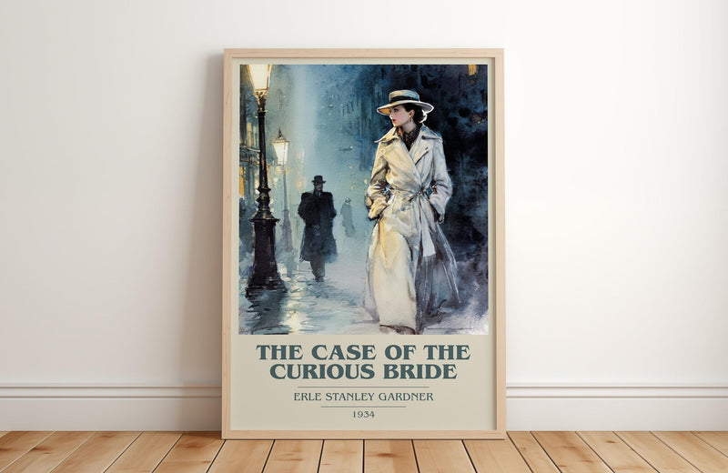 The Case of the Curious Bride book cover print in frame leaning in hallway – mystery wall art