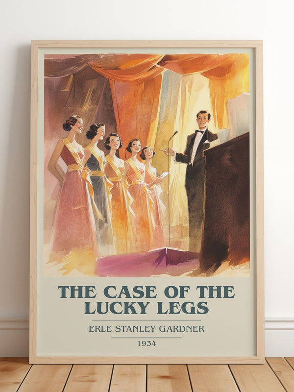 The Case of the Lucky Legs book cover print in frame leaning in hallway – mystery wall art