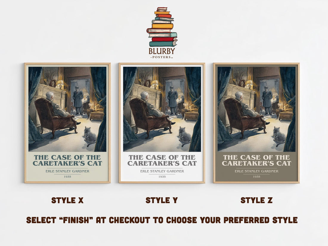 The Case of the Caretaker's Cat book cover print in frame leaning in hallway – mystery wall art (mockup)