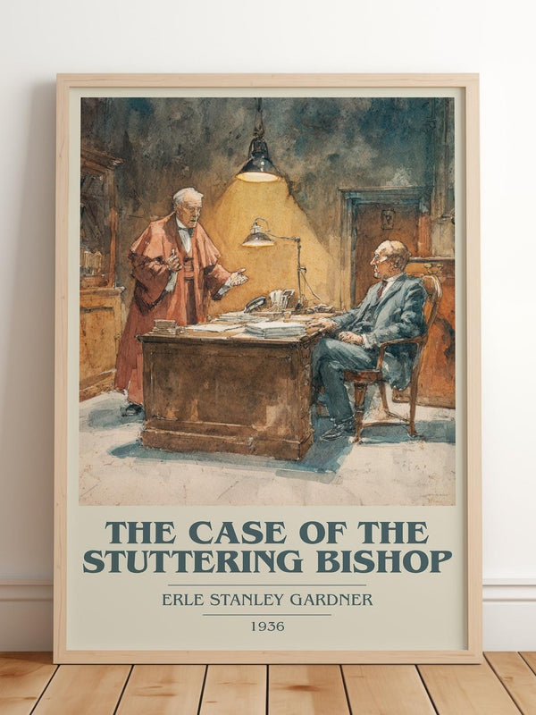 The Case of the Stuttering Bishop book cover print in frame leaning in hallway – mystery wall art