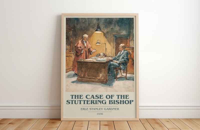 The Case of the Stuttering Bishop book cover print in frame leaning in hallway – mystery wall art