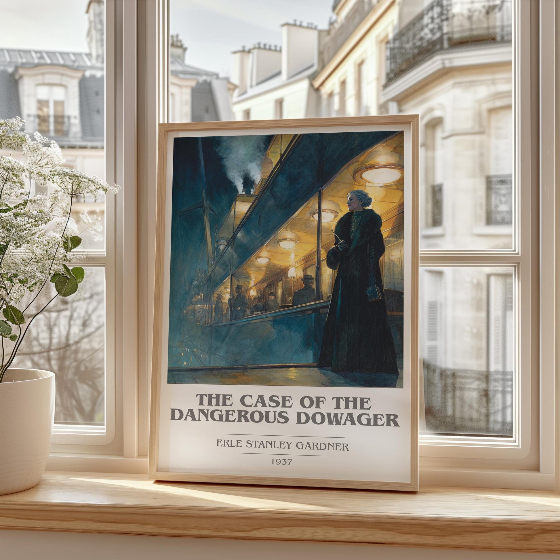 The Case Of The Dangerous Dowager book cover print framed by window – literary home decor
