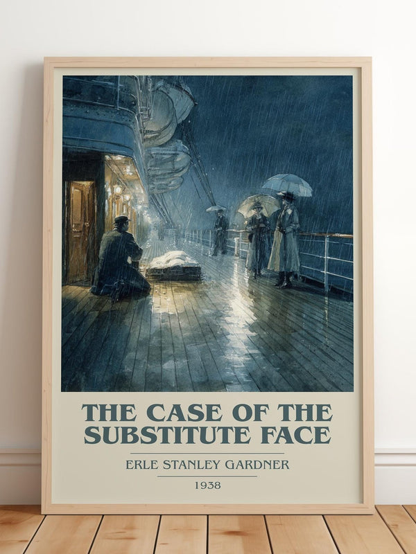 The Case of the Substitute Face book cover print in frame leaning in hallway – mystery wall art