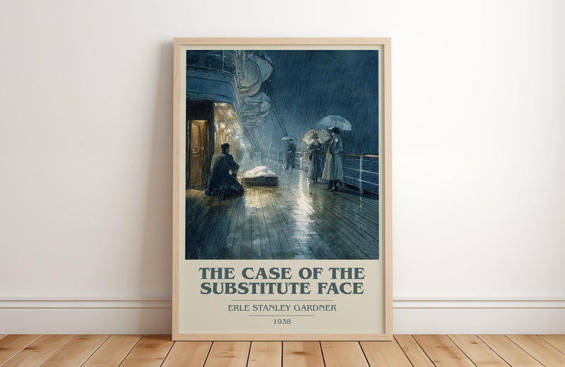 The Case of the Substitute Face book cover print in frame leaning in hallway – mystery wall art