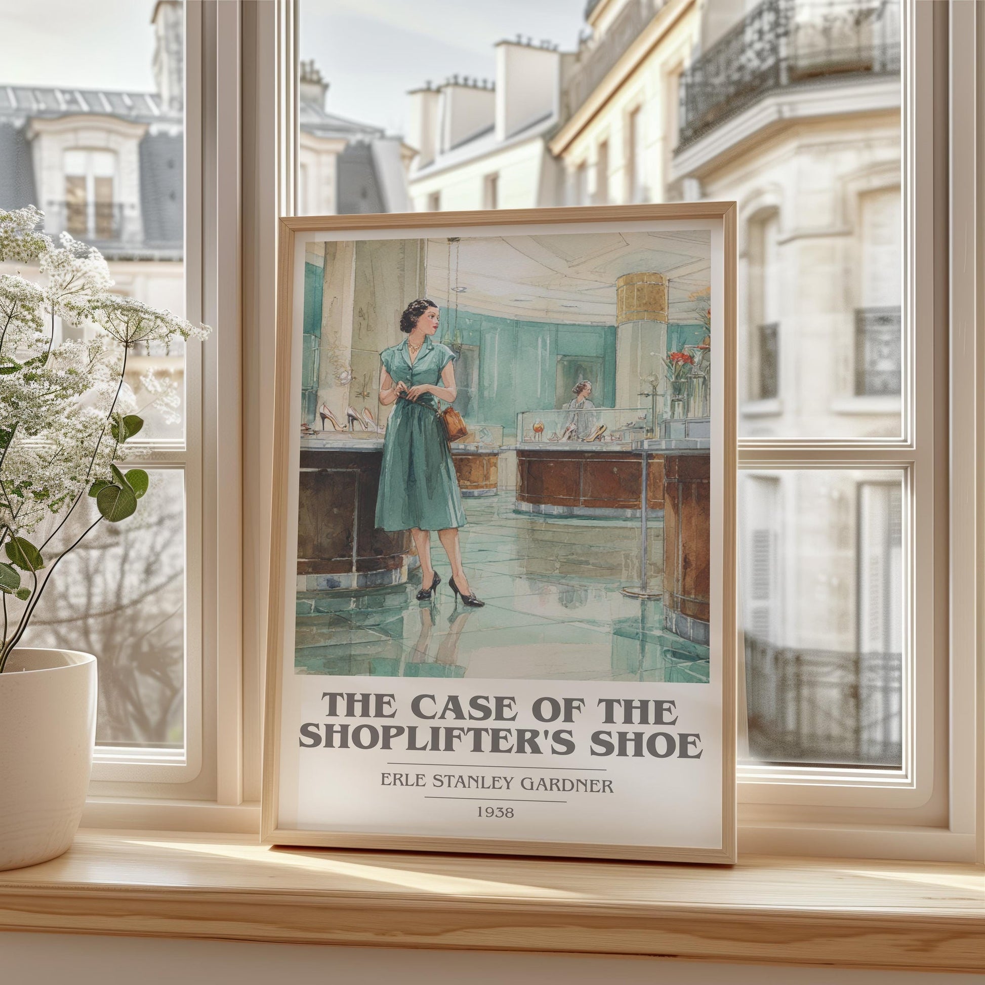 The Case of the Shoplifter's Shoe book cover print framed by window – literary home decor