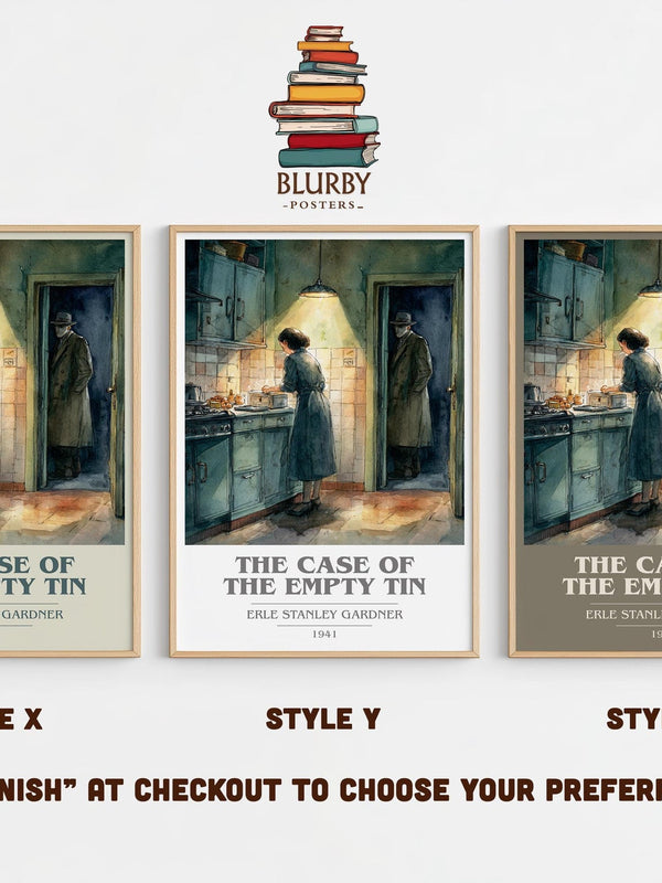 The Case of the Empty Tin book cover print in frame leaning in hallway – mystery wall art