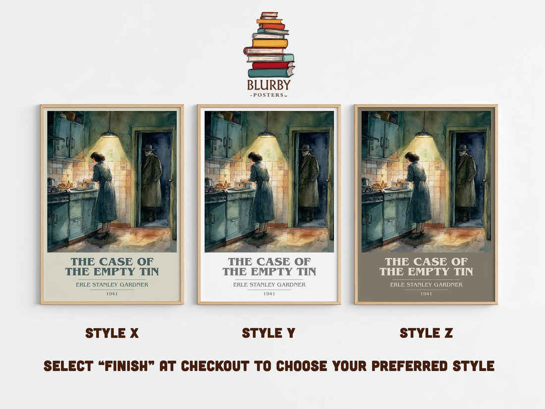 The Case of the Empty Tin book cover print in frame leaning in hallway – mystery wall art (mockup)