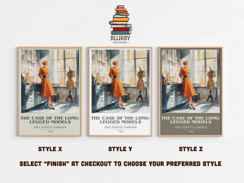The Case of the Long-legged Models book cover print in frame leaning in hallway – mystery wall art