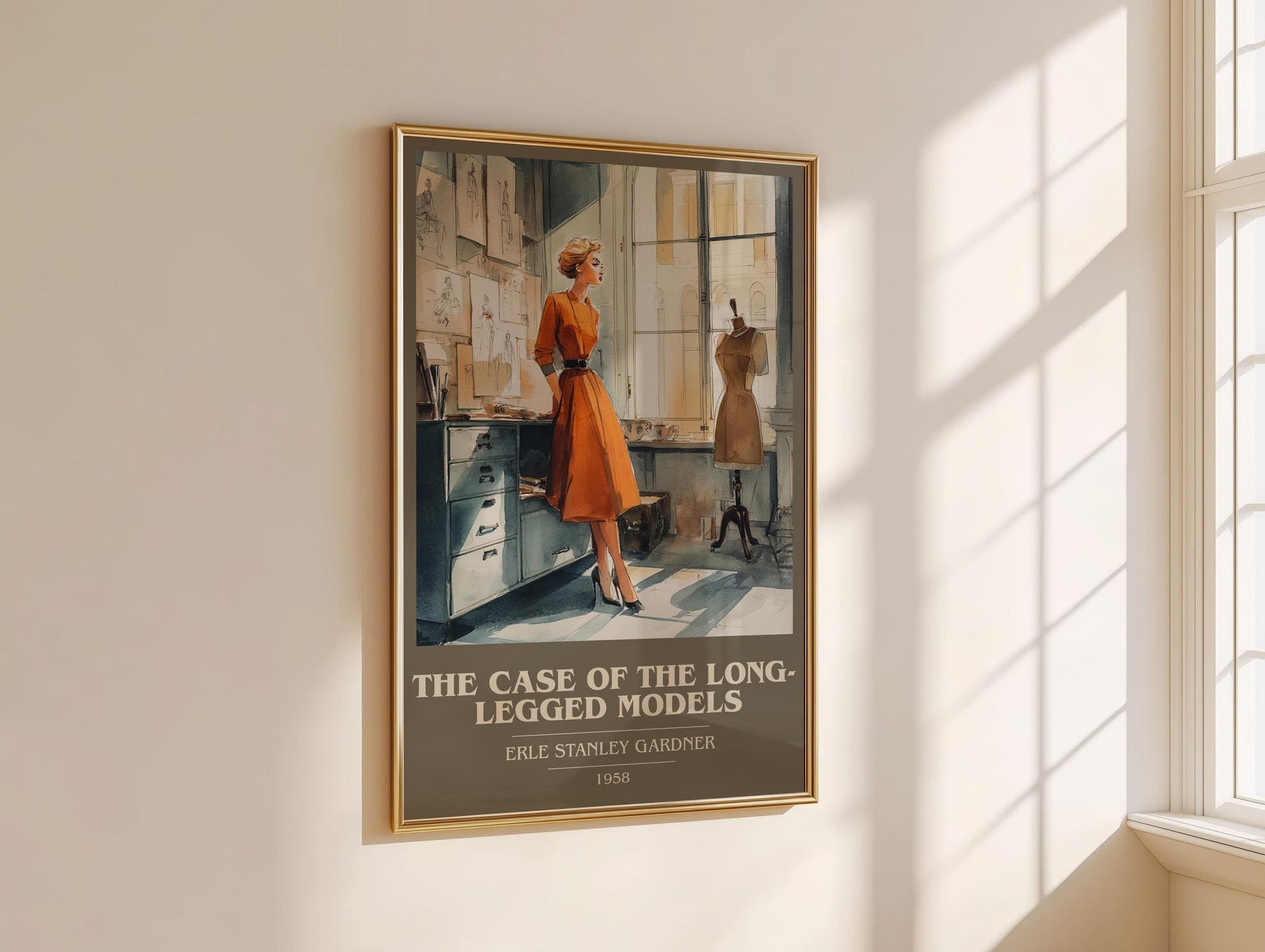 The Case of the Long-legged Models book cover print framed by window – literary home decor