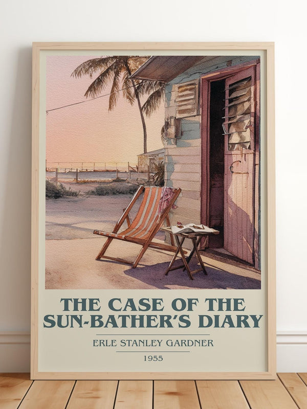 The Case of the Sun Bather's Diary book cover print in frame leaning in hallway – mystery wall art