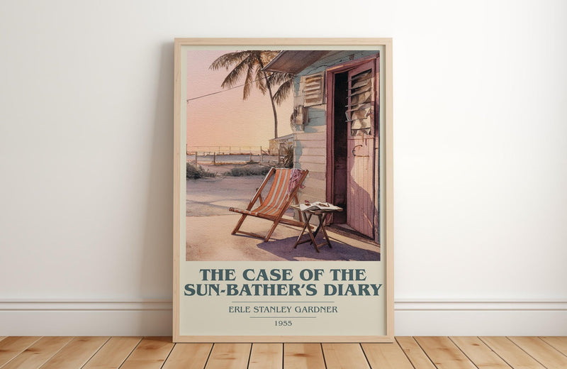 The Case of the Sun Bather's Diary book cover print in frame leaning in hallway – mystery wall art