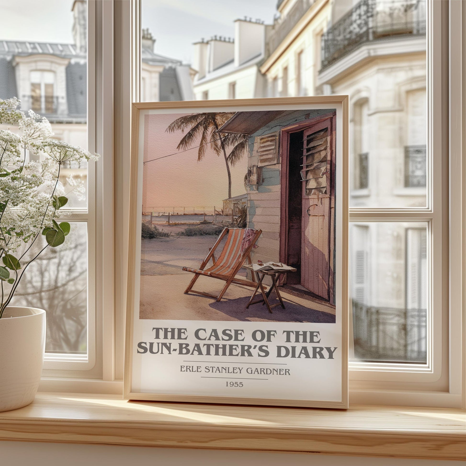 The Case of the Sun Bather's Diary book cover print framed by window – literary home decor