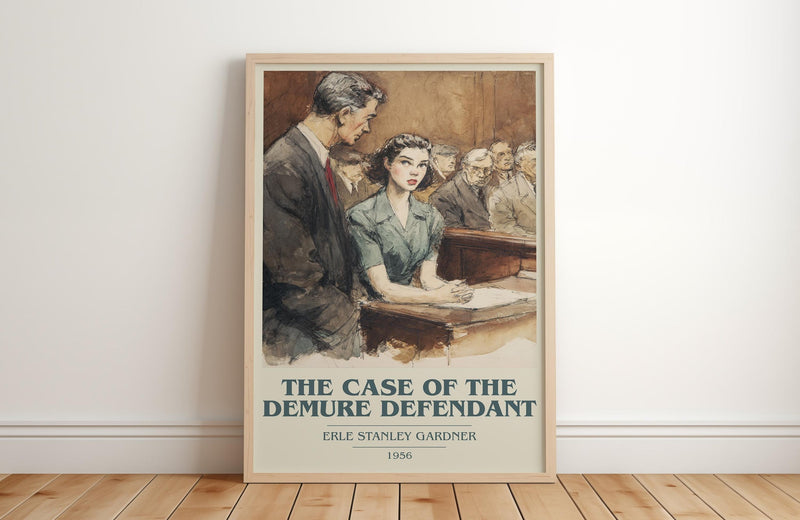 The Case of the Demure Defendant book cover print in frame leaning in hallway – mystery wall art