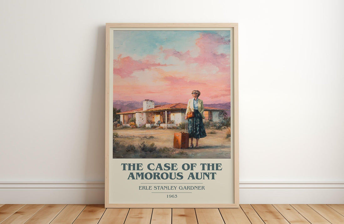 The Case of the Amorous Aunt book cover print in frame leaning in hallway – gothic wall art (mockup)
