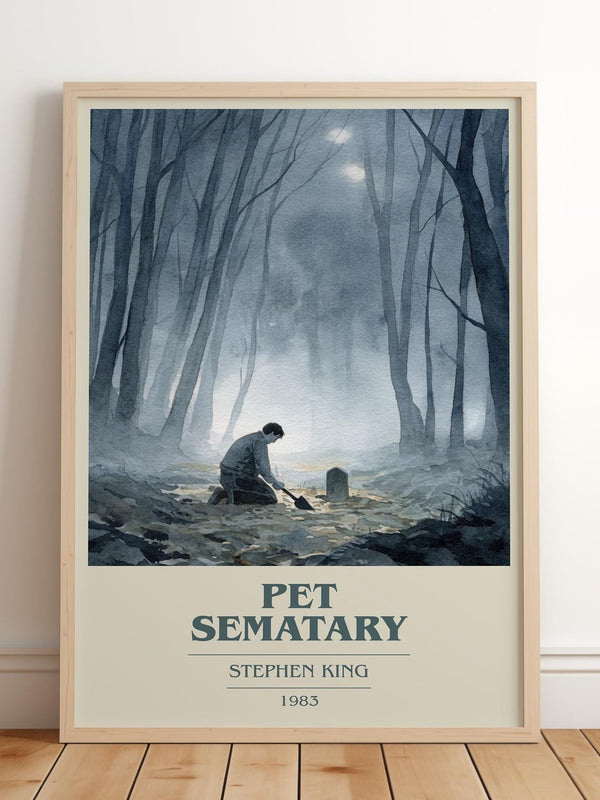 Pet Sematary book cover print in frame leaning in hallway – horror wall art