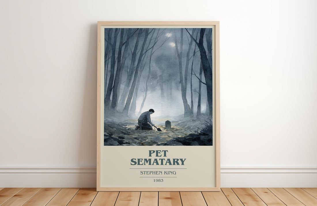 Pet Sematary book cover print in frame leaning in hallway – horror wall art (mockup)