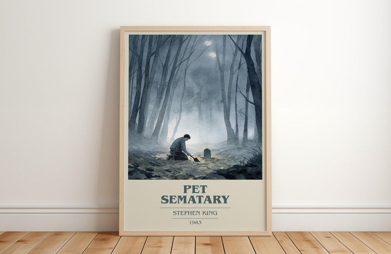 Pet Sematary book cover print in frame leaning in hallway – horror wall art