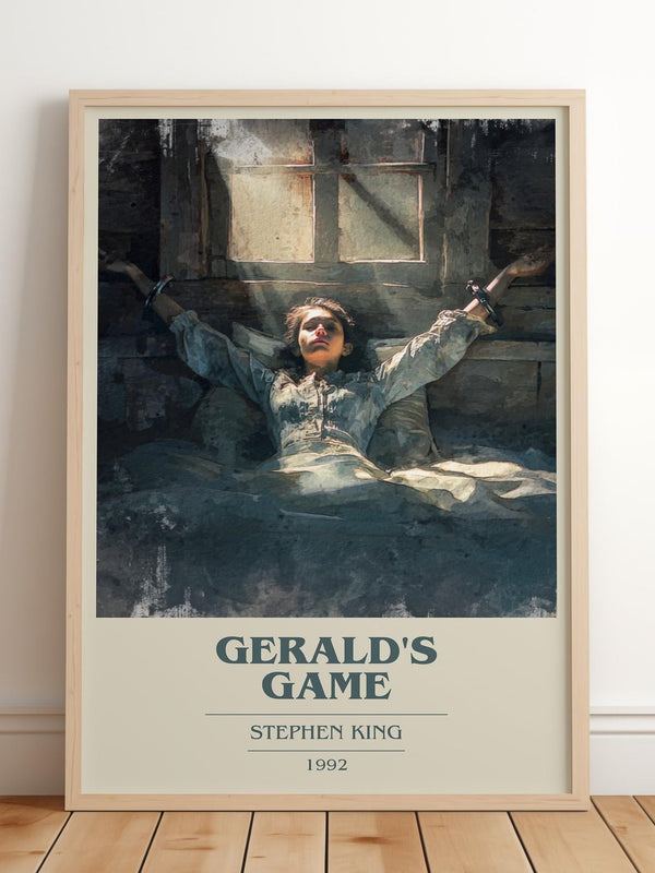 Gerald's Game book cover print in frame leaning in hallway – horror wall art