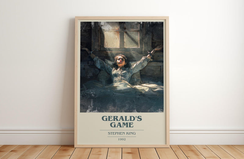 Gerald's Game book cover print in frame leaning in hallway – horror wall art