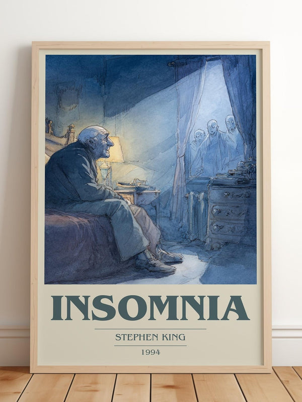 Insomnia book cover print in frame leaning in hallway – horror wall art