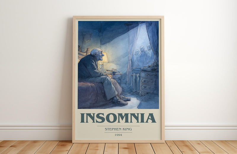 Insomnia book cover print in frame leaning in hallway – horror wall art