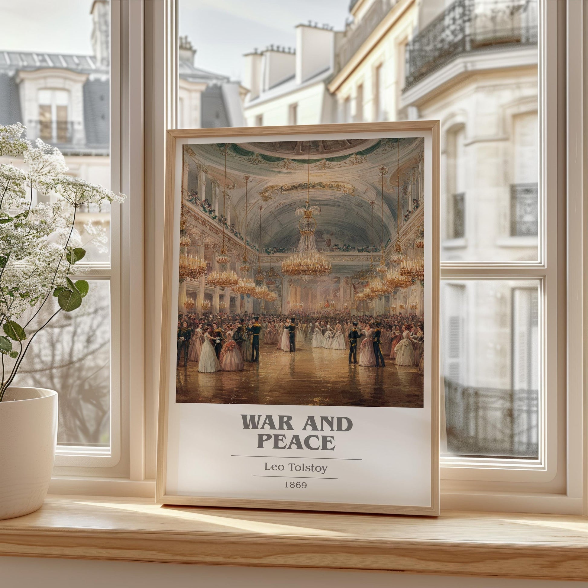 War and Peace book cover print framed by window – literary home decor