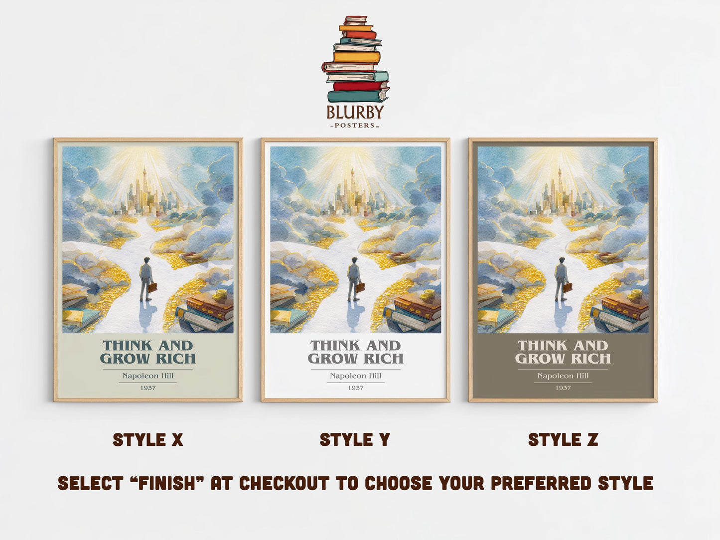 Think and Grow Rich book cover poster colour and style options – Napoleon Hill book art