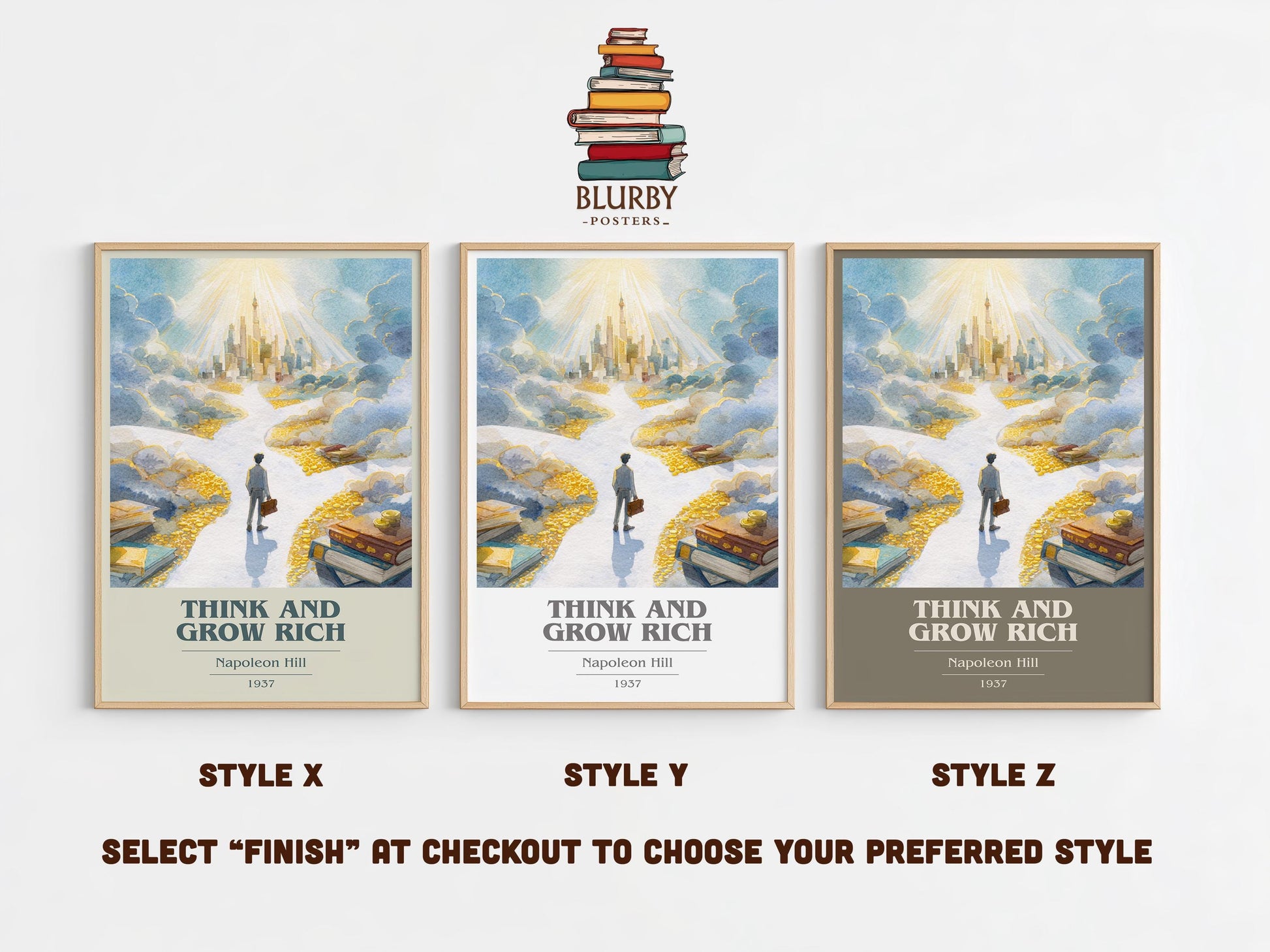 Think and Grow Rich book cover poster colour and style options – Napoleon Hill book art
