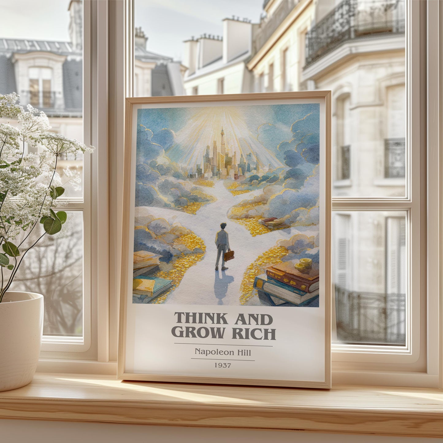 Think and Grow Rich book cover print framed by window – literary home decor