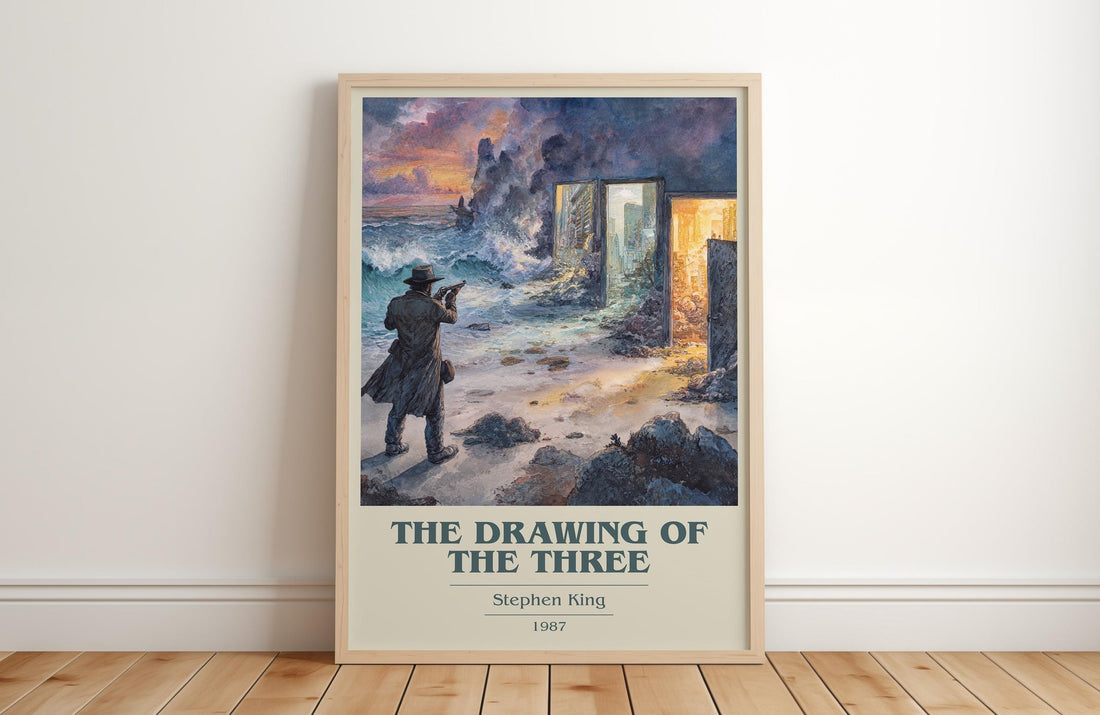 The Drawing of the Three book cover print in frame leaning in hallway – fantasy wall art (mockup)