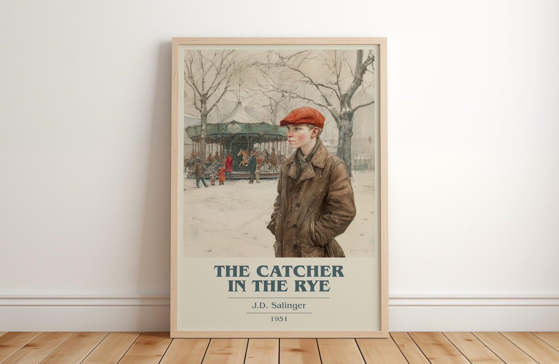 The Catcher in the Rye book cover print in frame leaning in hallway – coming of age wall art