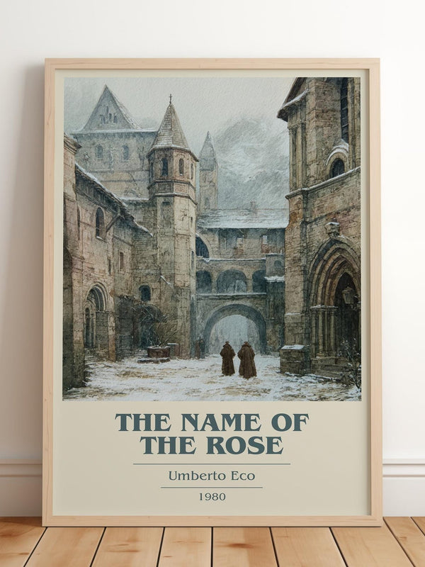 The Name of the Rose book cover print in frame leaning in hallway – historical fiction wall art