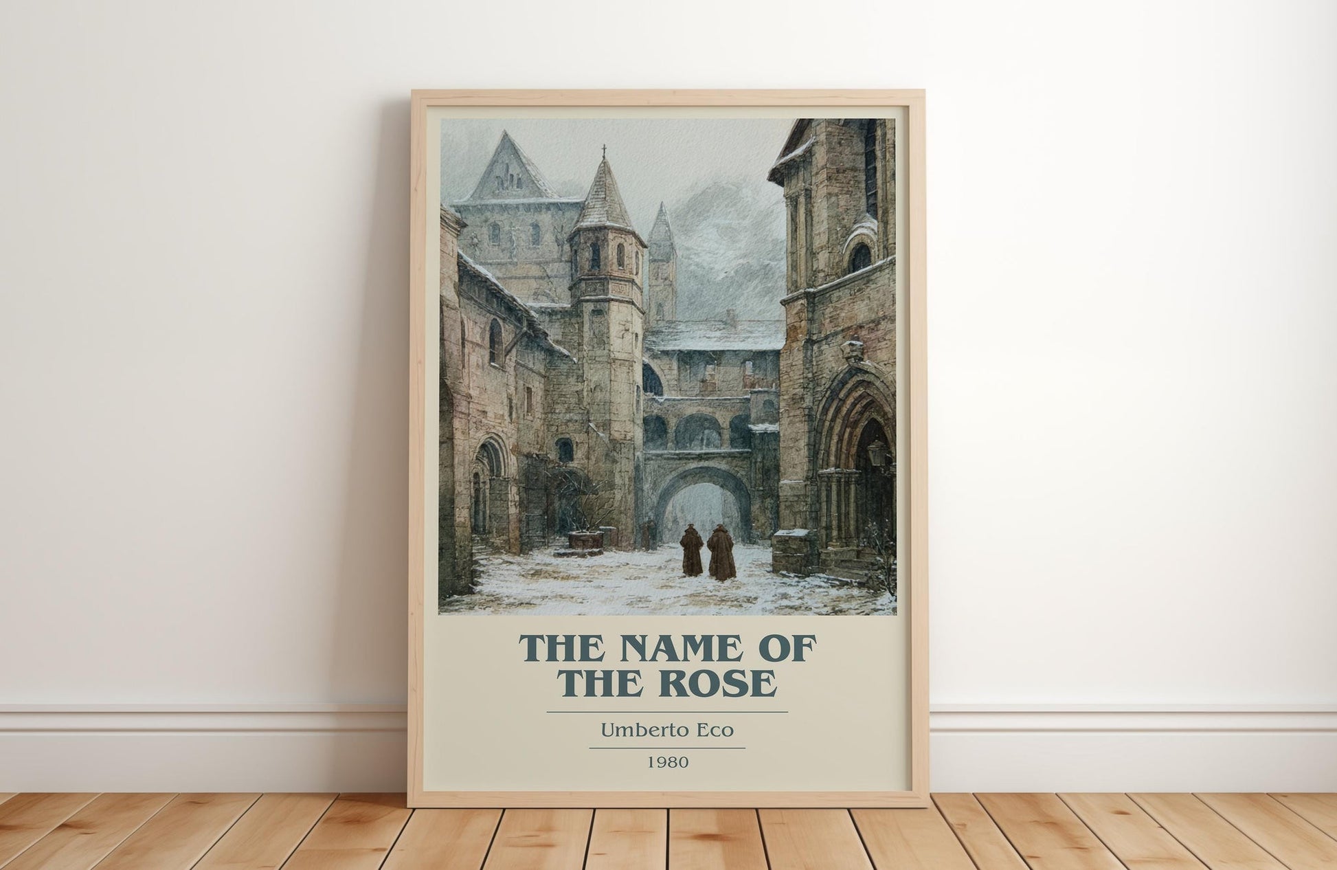 The Name of the Rose book cover print in frame leaning in hallway – historical fiction wall art