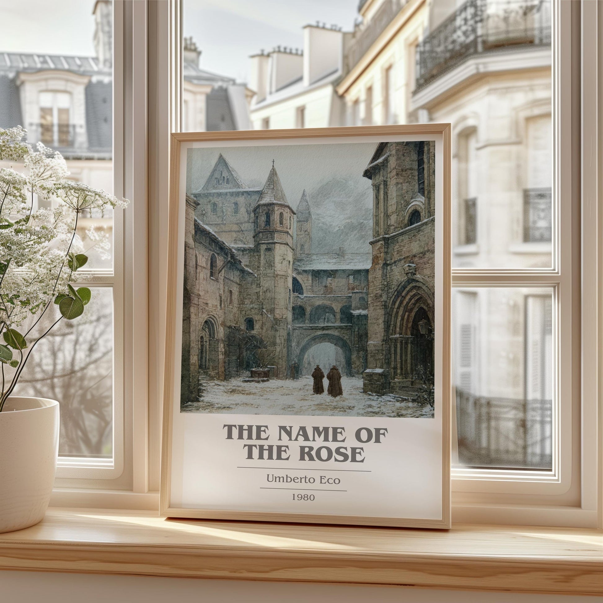 The Name of the Rose book cover print framed by window – literary home decor