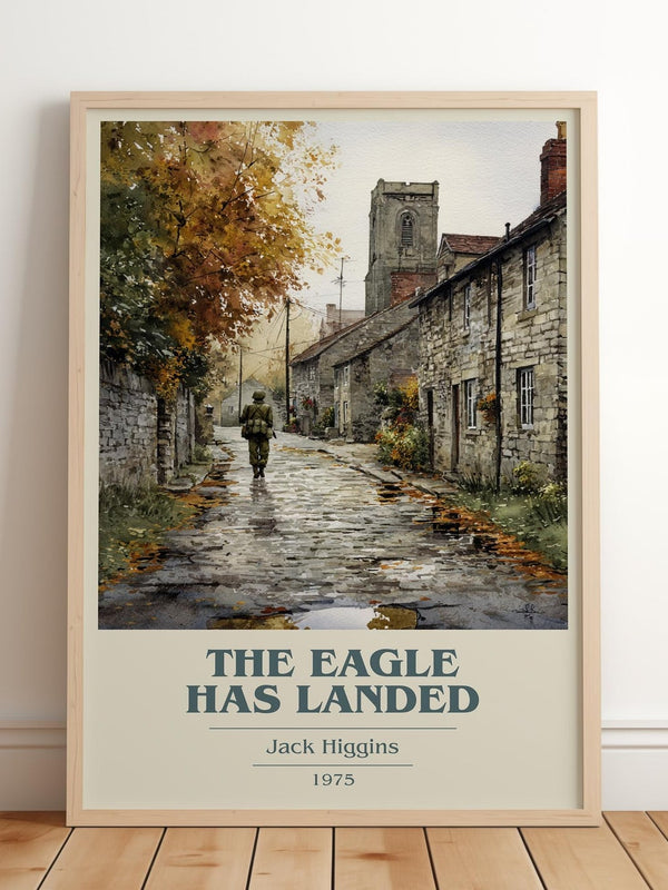 The Eagle Has Landed book cover print in frame leaning in hallway – thriller wall art