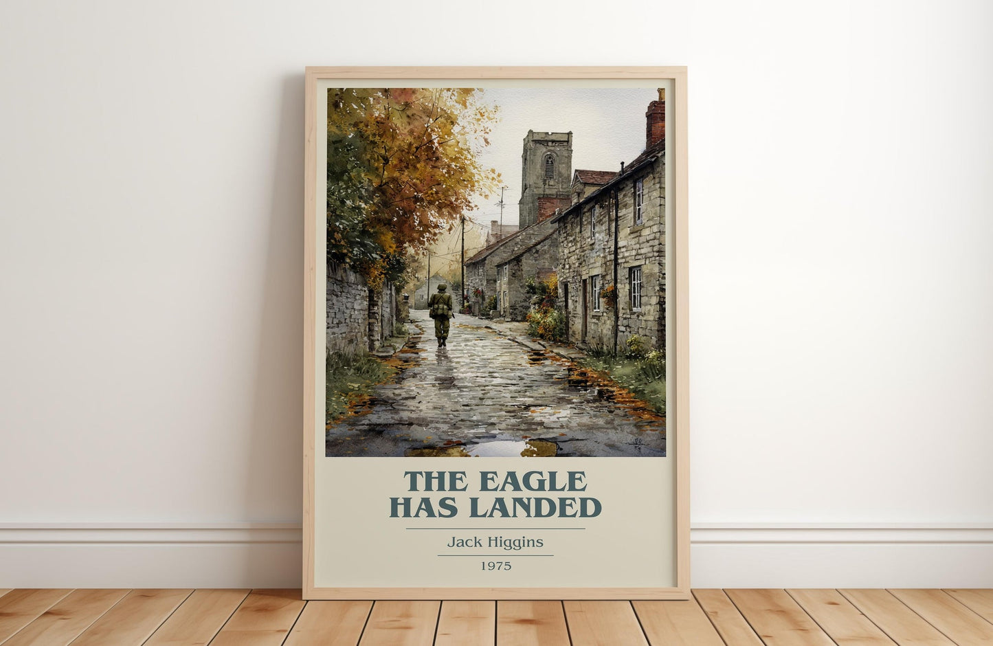 The Eagle Has Landed book cover print in frame leaning in hallway – thriller wall art