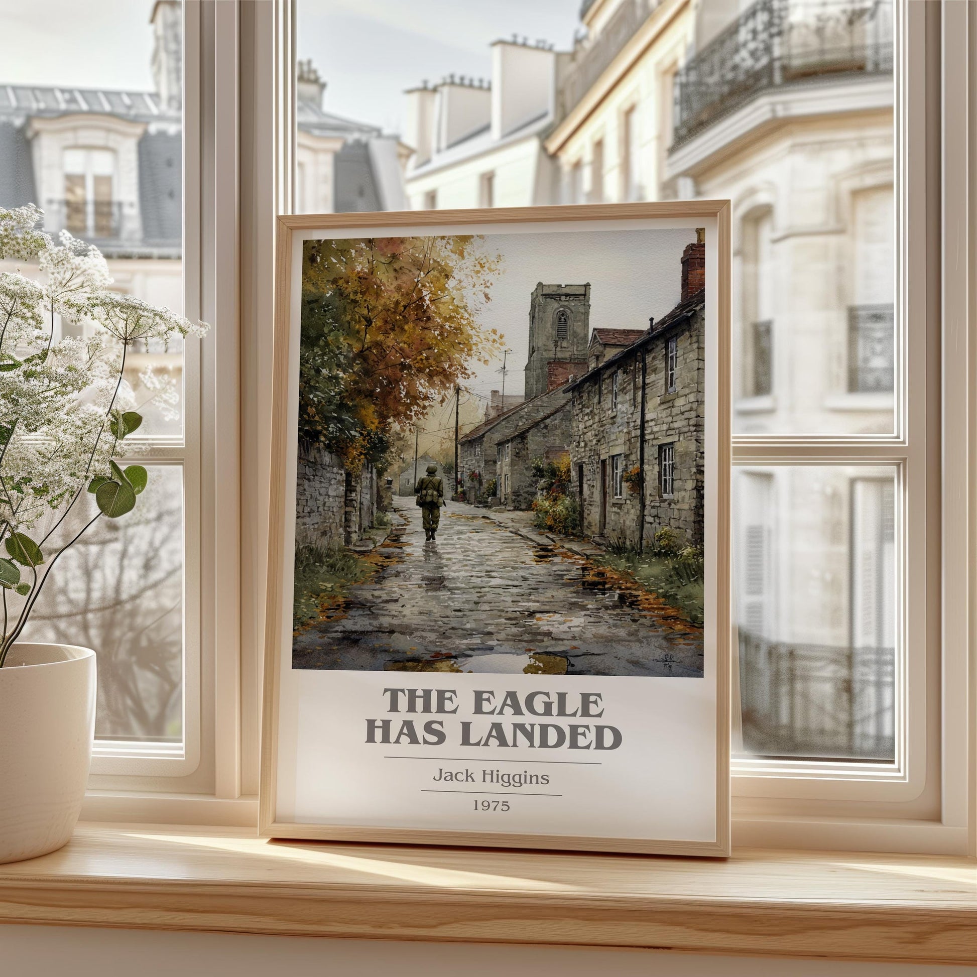 The Eagle Has Landed book cover print framed by window – literary home decor