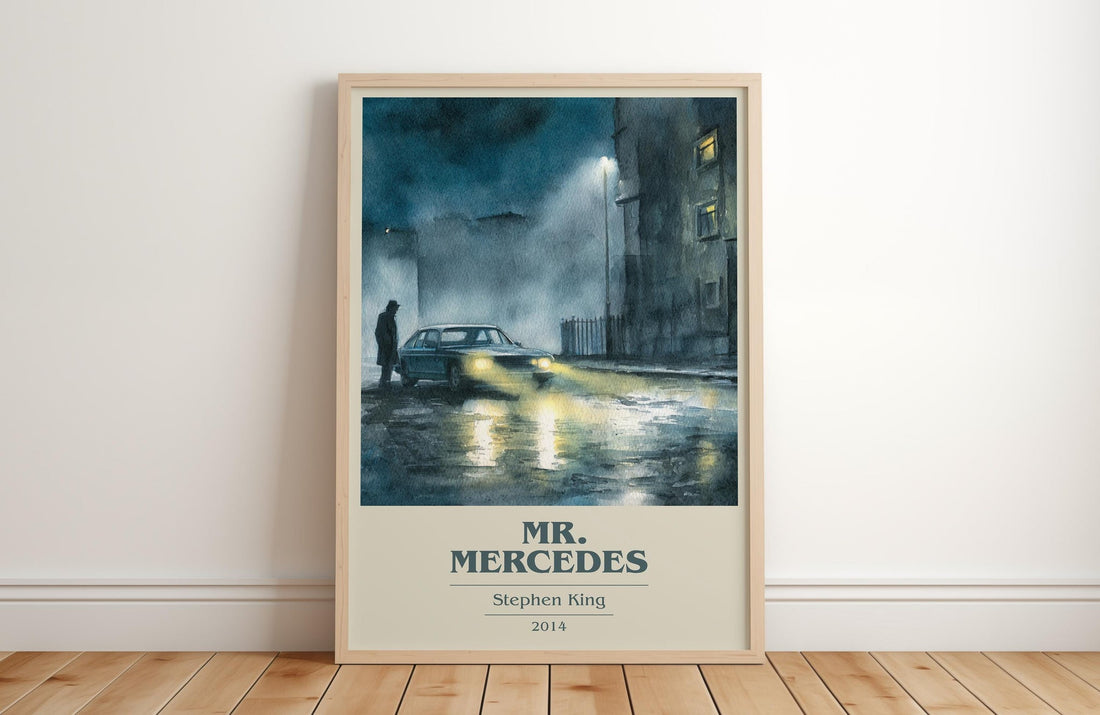 Mr. Mercedes book cover print in frame leaning in hallway – crime wall art (mockup)